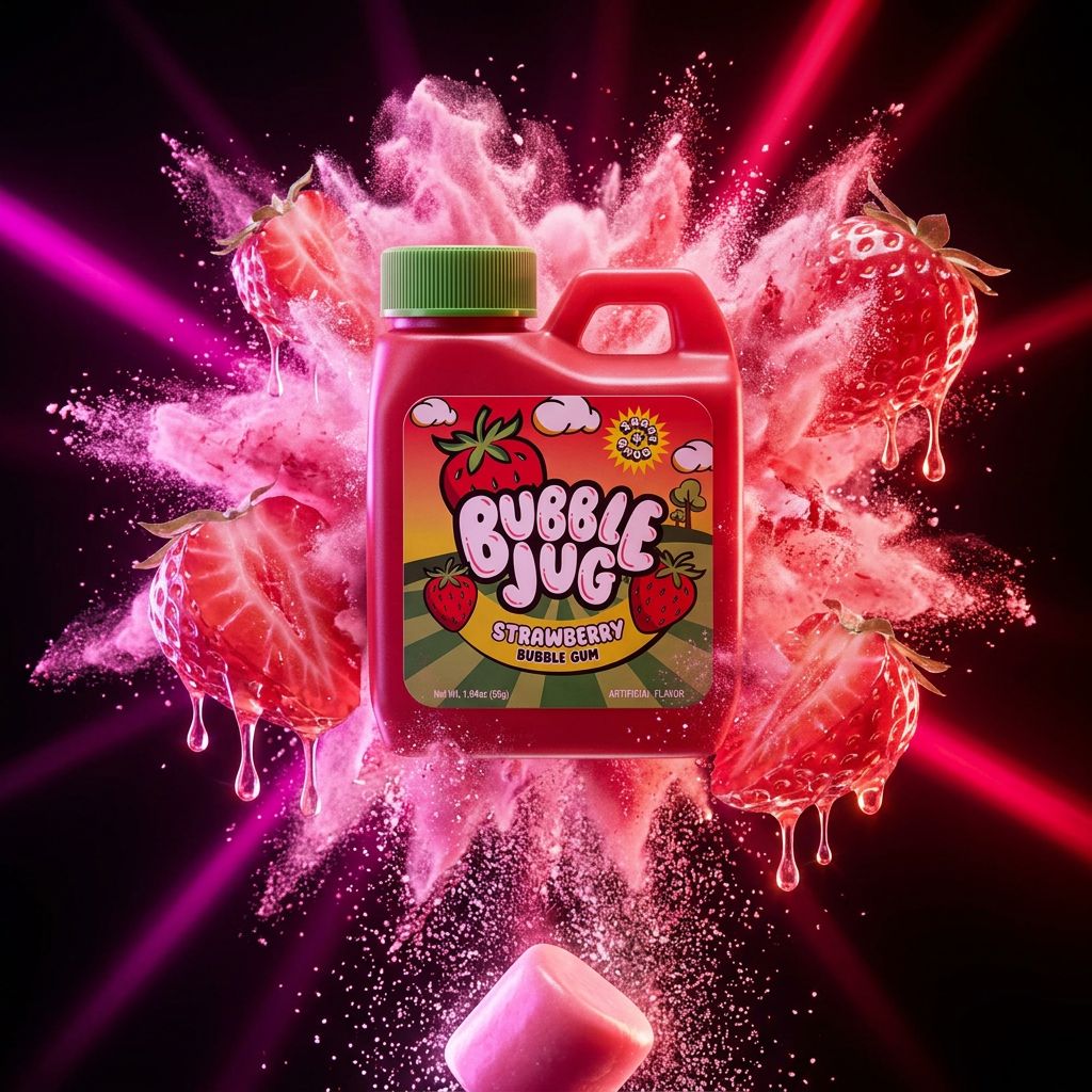 Bubble Jug Strawberry, poudre acidulée fraise avec chewing-gum, bonbon américain en pot, disponible sur My American Shop