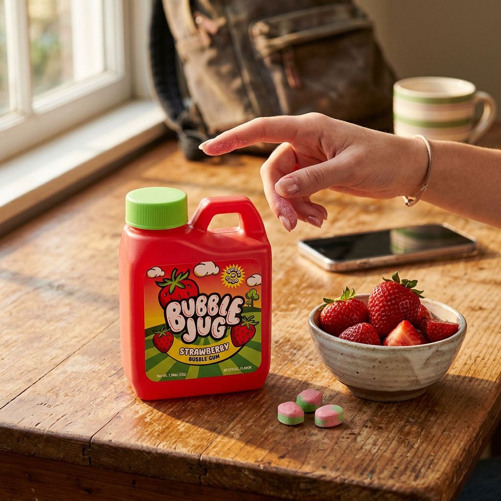 Bubble Jug Strawberry, poudre acidulée fraise avec chewing-gum, bonbon américain en pot, disponible sur My American Shop