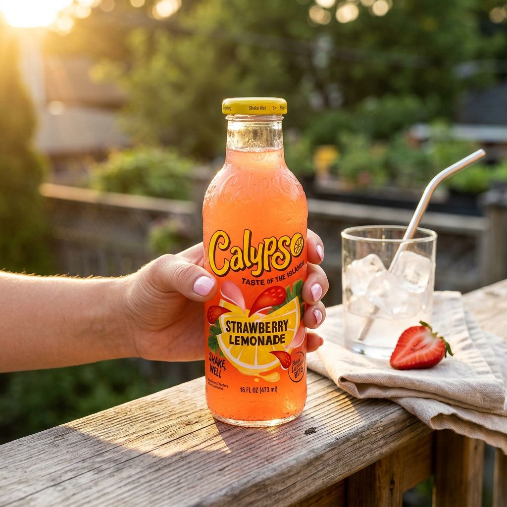 Calypso Lemonade Strawberry, limonade américaine fraise en bouteille 473ml, disponible sur My American Shop