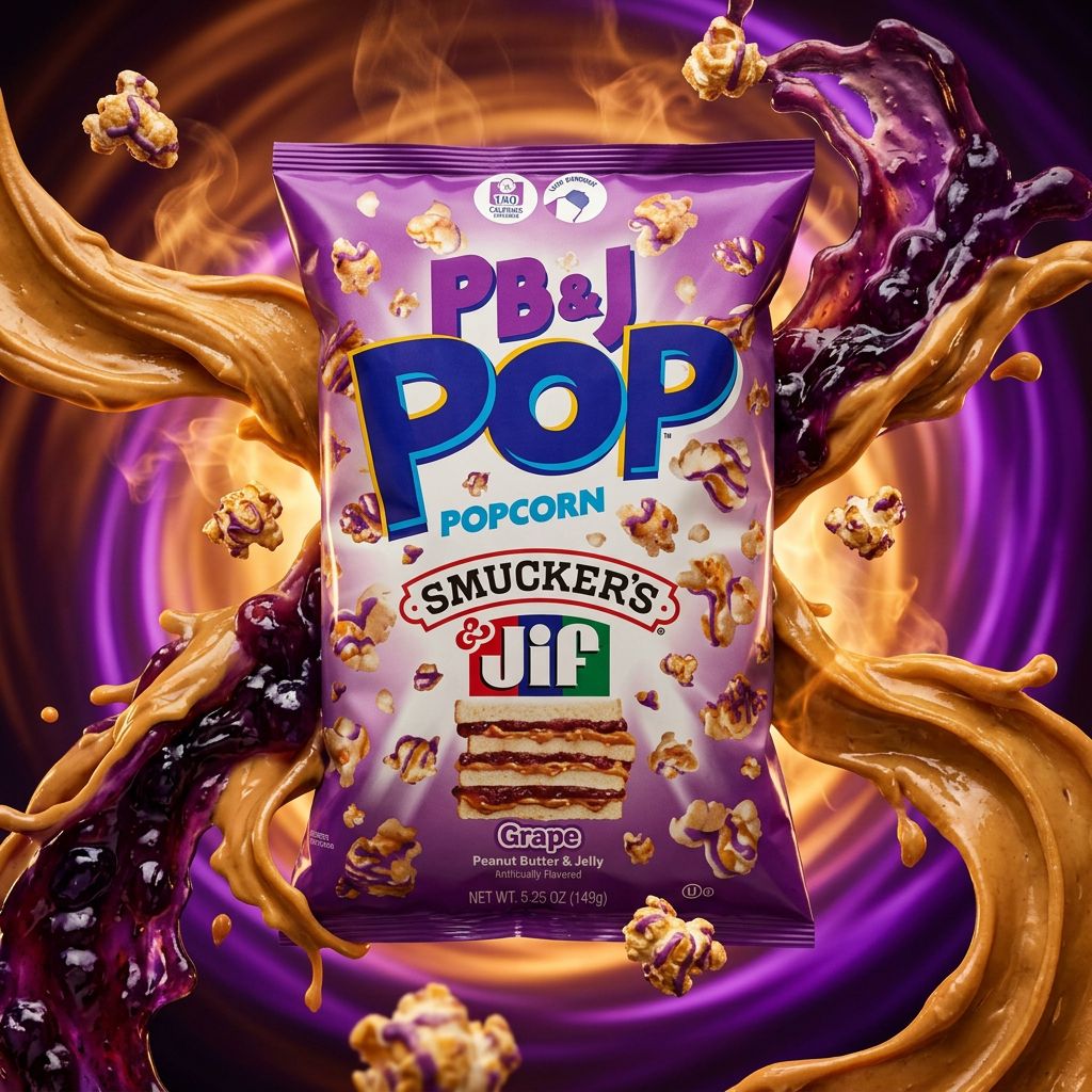 Candy Pop Popcorn Peanut Butter & Jelly Grape, snack sucré-salé américain enrobé, disponible sur My American Shop