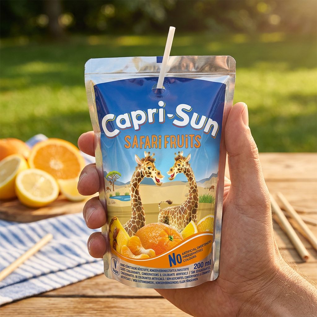 Capri Sun Safari Fruits, gourde souple saveur agrumes tropicaux, boisson importée, disponible sur My American Shop
