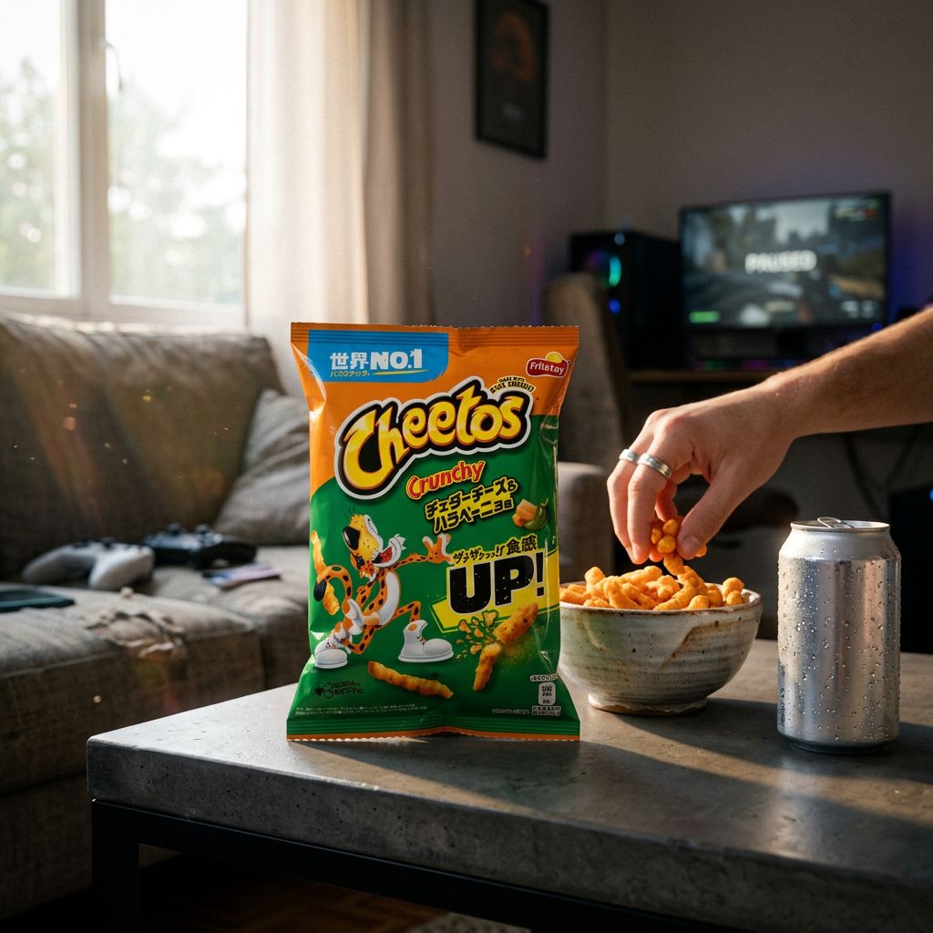 Cheetos Japan Crunchy Jalapenos, chips fromagères piquantes au cheddar et jalapeño, format japonais, disponible sur My American Shop