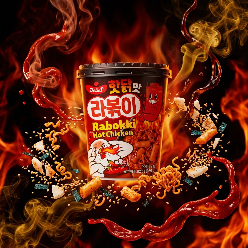 Delief Rabokki Hot Chicken, snack coréen instantané gâteaux de riz et nouilles saveur piment, disponible sur My American Shop