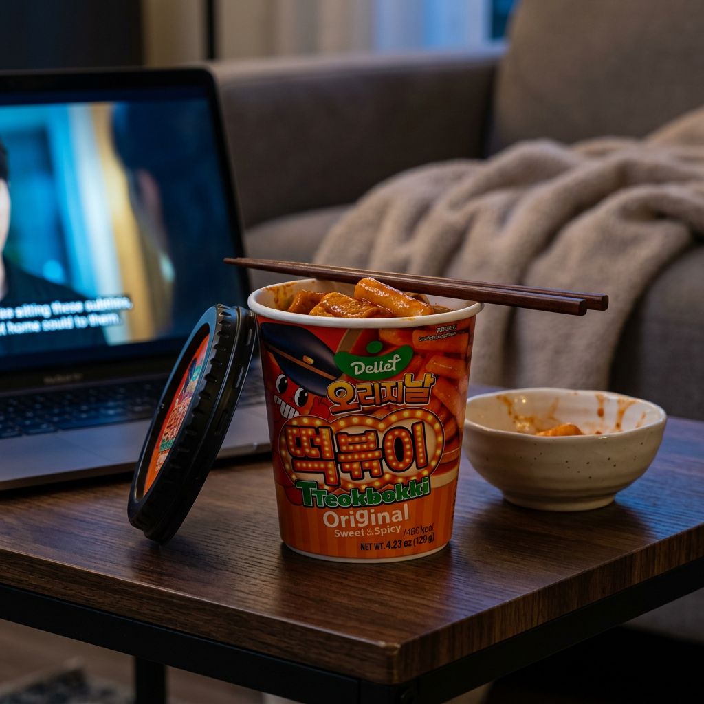 Delief Tteobokki Cup Original Sweet & Spicy, gâteaux de riz coréens sauce gochujang, format cup, disponible sur My American Shop