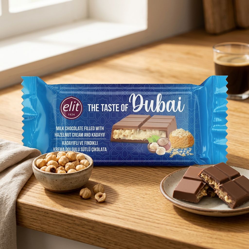 Elit Dubai chocolat au lait noisette et kadayif, tablette originale, disponible sur My American Shop
