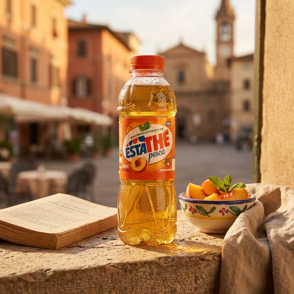 Ferrero Estathe bouteille pêche, thé glacé italien au jus de pêche concentré, disponible sur My American Shop