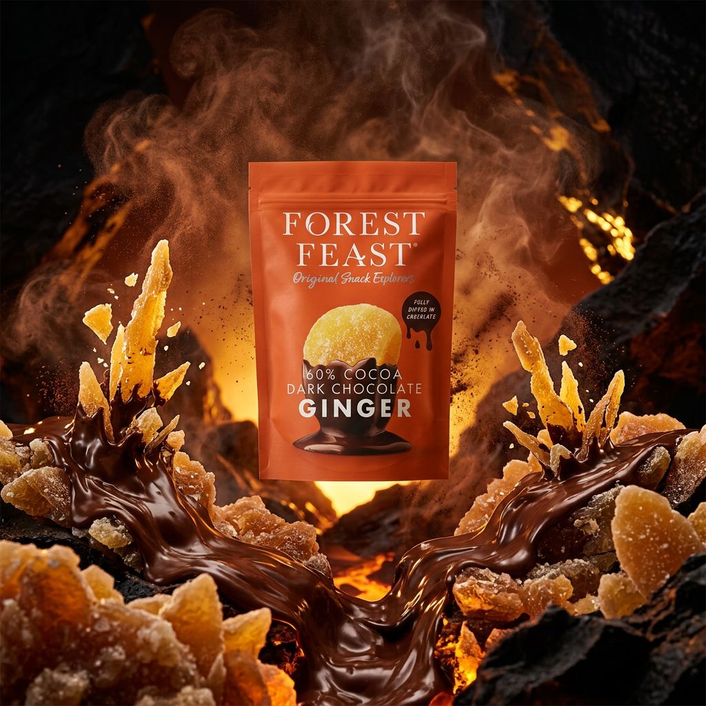 Forest Feast Dark Chocolate Ginger, gingembre confit enrobé de chocolat noir premium, disponible sur My American Shop