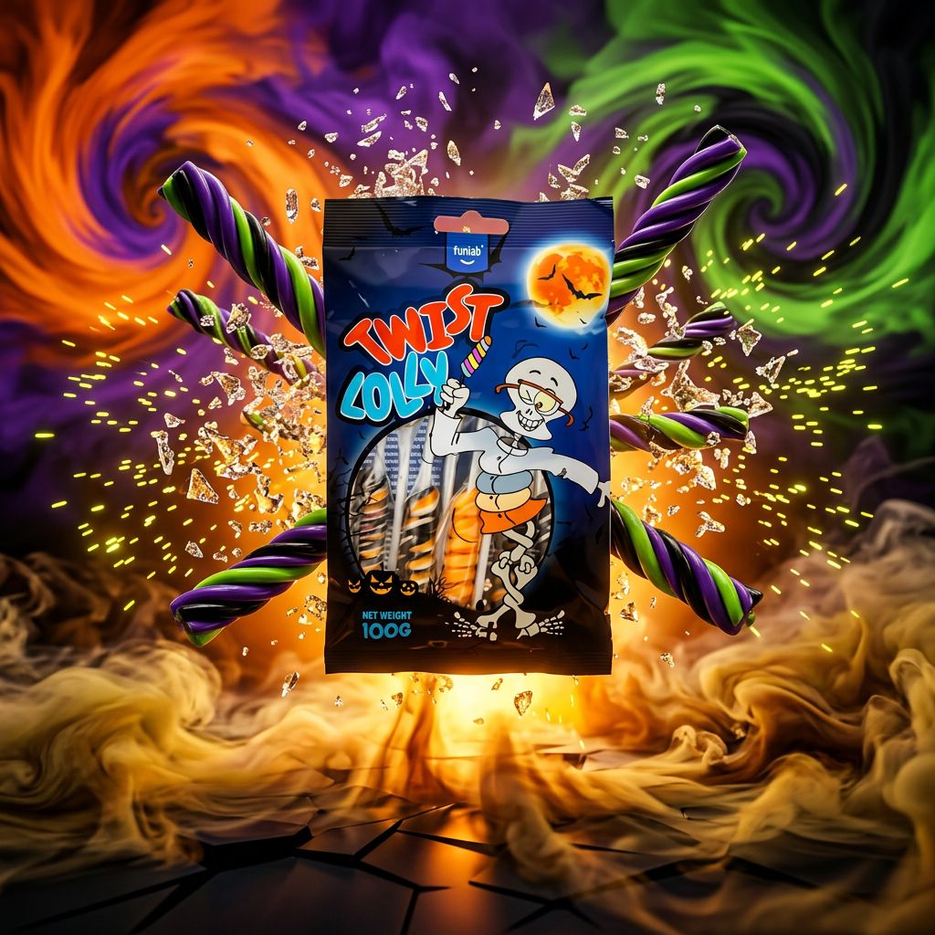 Funlab Halloween Twist Lolly, sucette torsadée aux arômes fruités, édition Halloween, disponible sur My American Shop