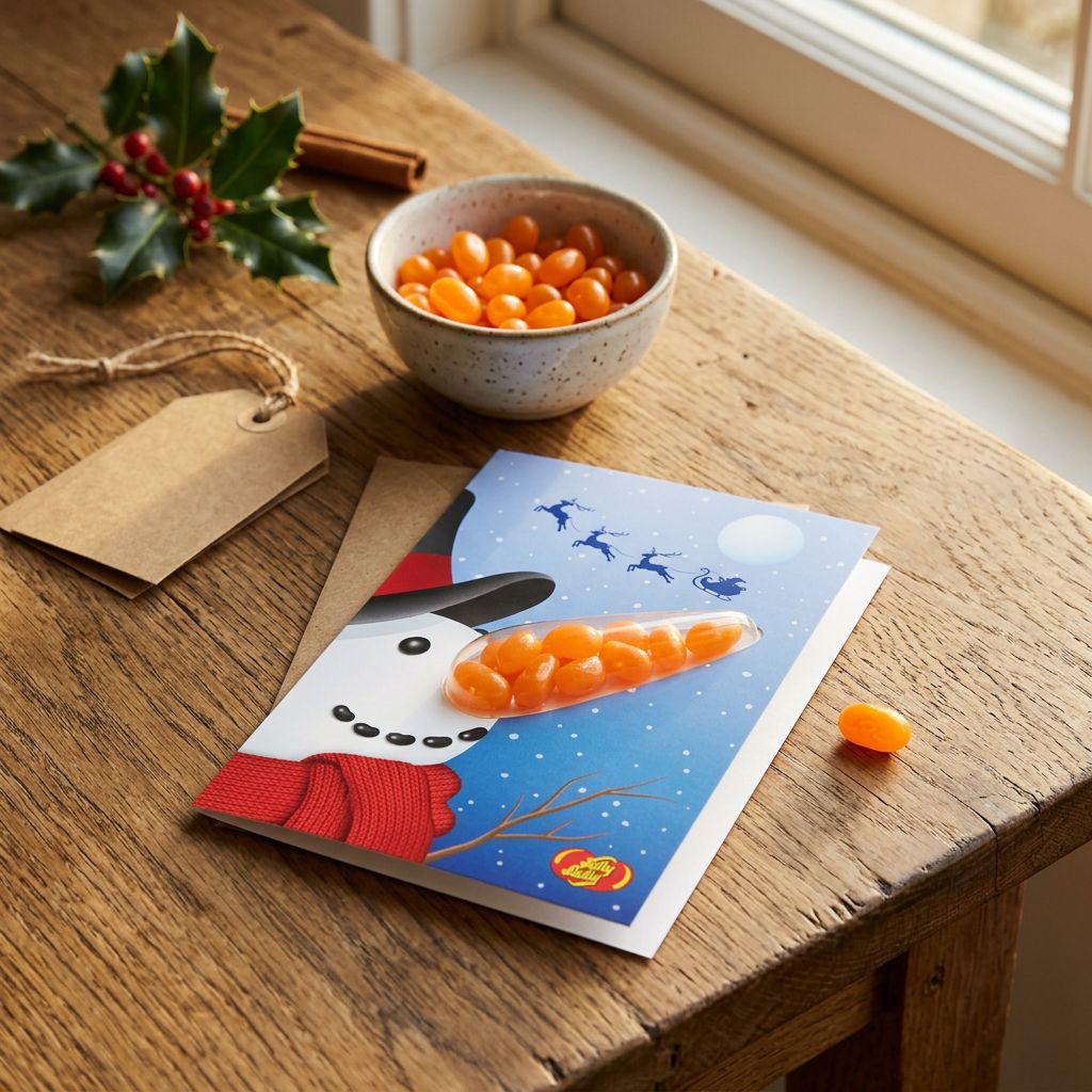 Jelly Belly Snowman Card, carte collector bonbons saveur mandarine, édition fêtes importée des États-Unis, disponible sur My American Shop