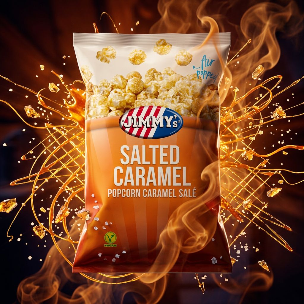 Autour du paquet de Jimmy's pop Corn Salted Caramel en lévitation, dans un univers dynamique, gravitent des éclats de caramel et des cristaux de sel  – disponible sur My American Shop