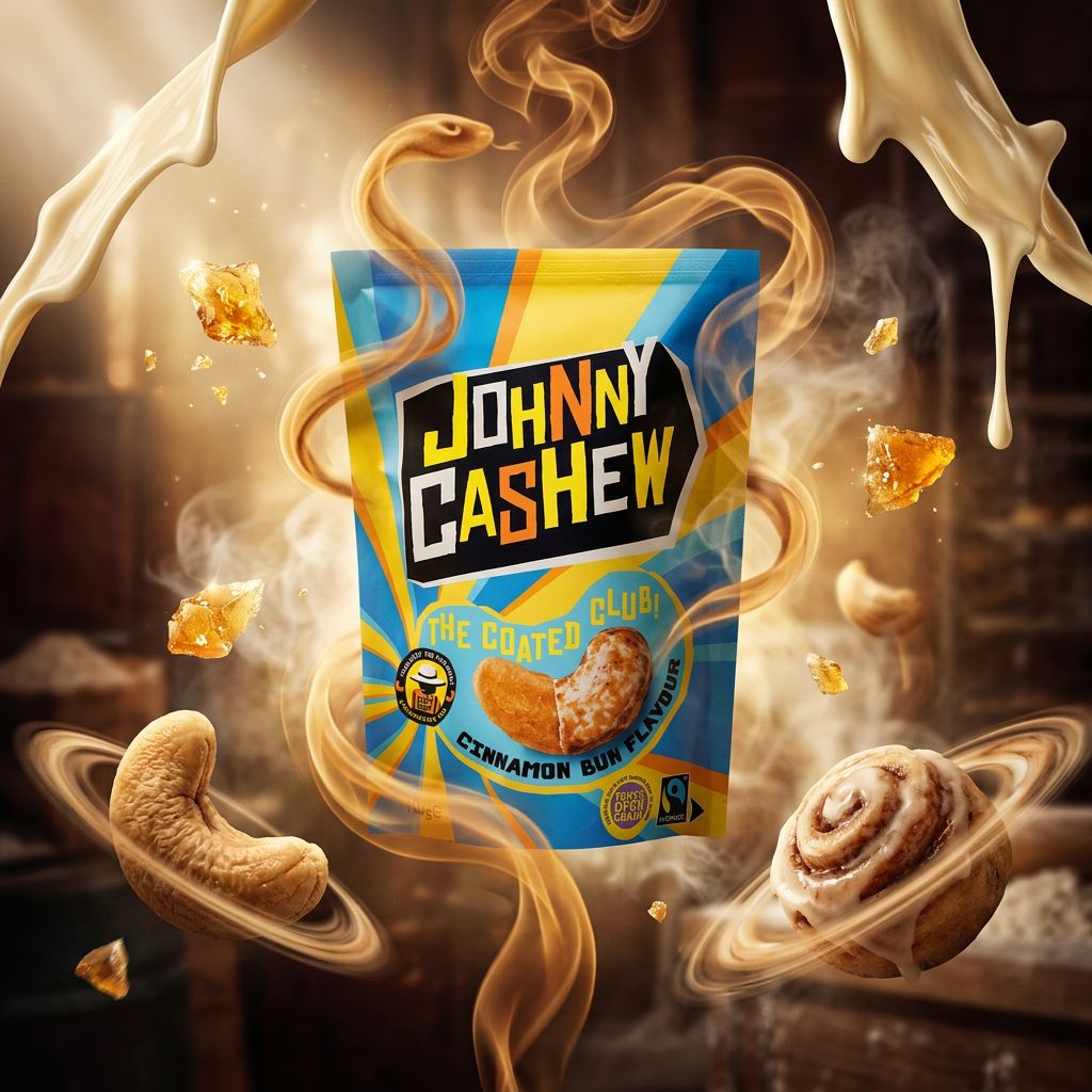 Johnny Cashew Cinnamon Bun, noix de cajou enrobées cannelle et chocolat blanc, snack américain premium, disponible sur My American Shop