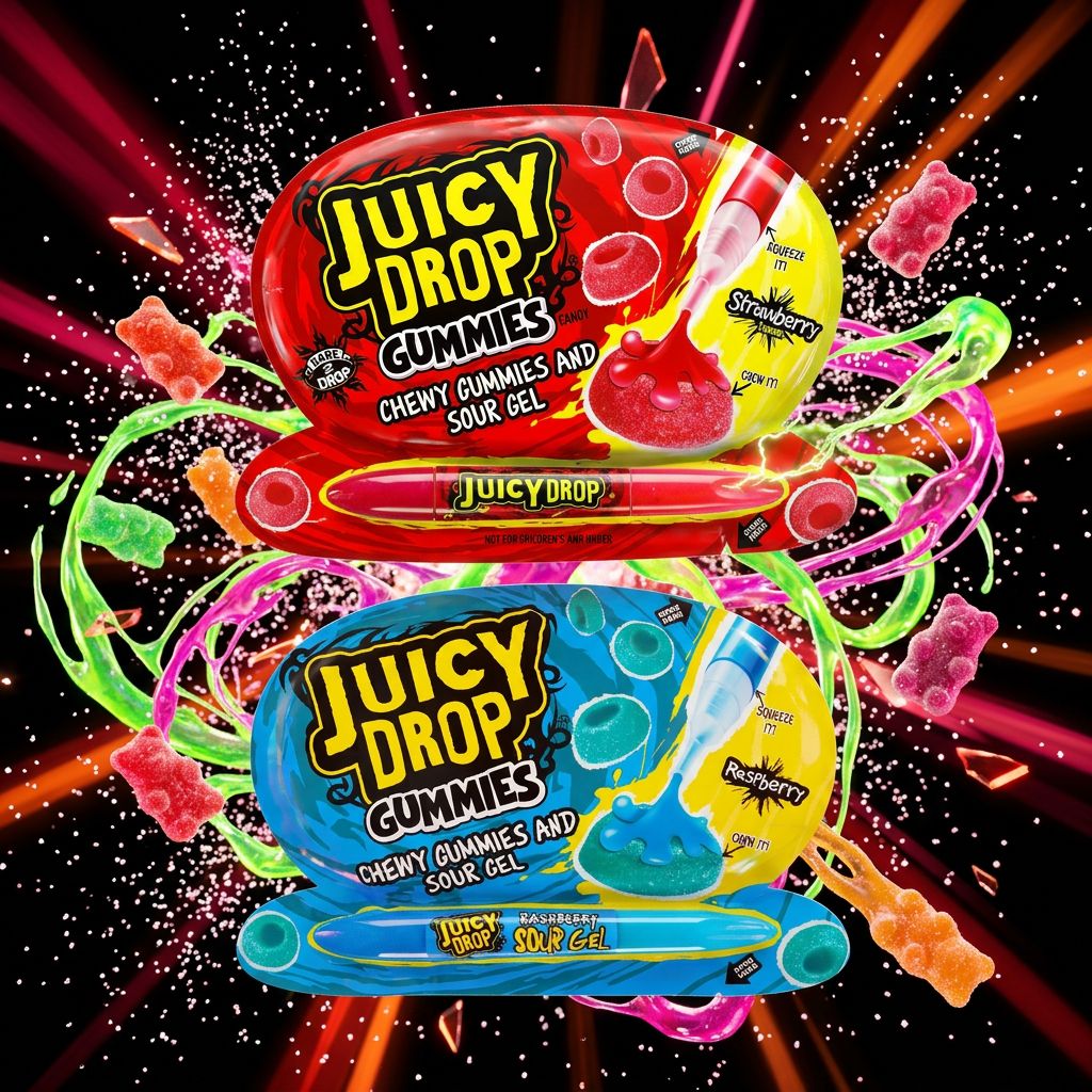 Juicy Drop Gummies Sour Gel, bonbons américains acidulés avec gel acide, format interactif fruité, disponible sur My American Shop