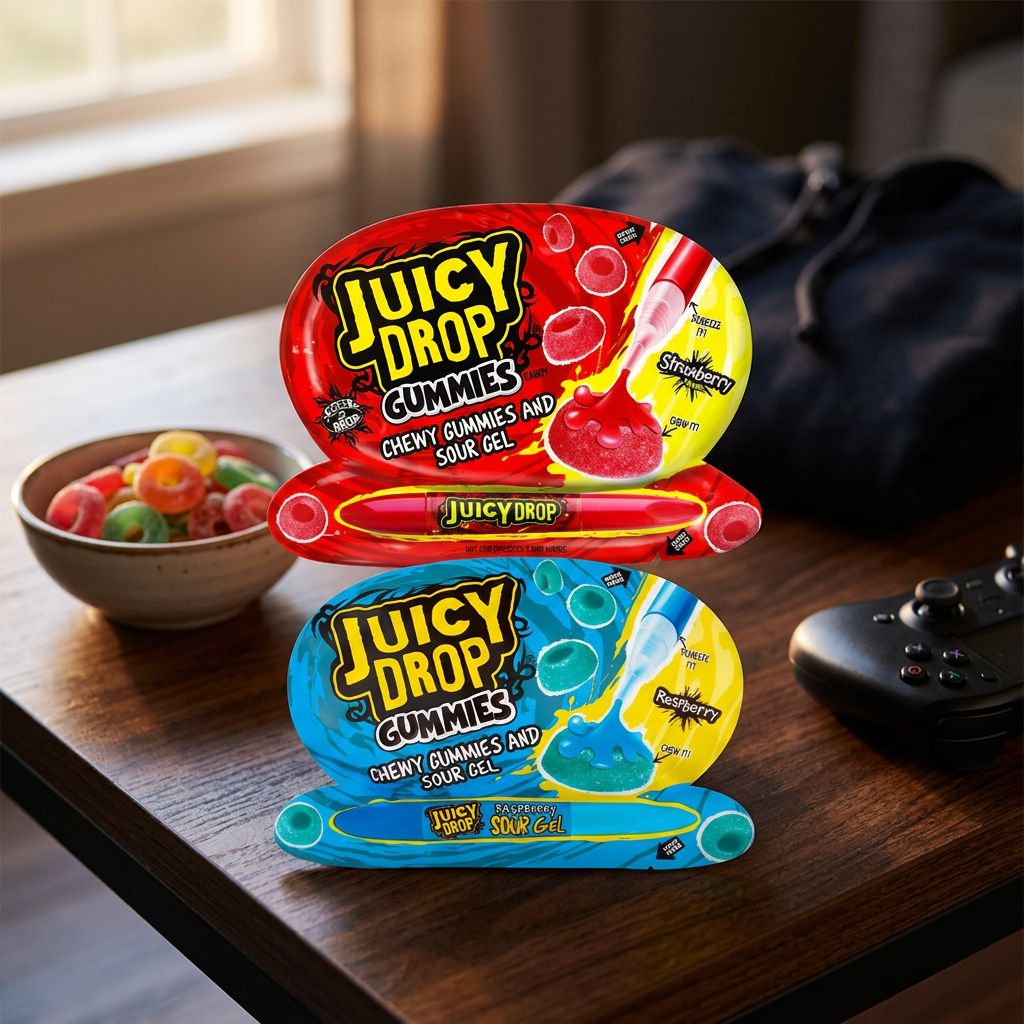 Juicy Drop Gummies Sour Gel, bonbons américains acidulés avec gel acide, format interactif fruité, disponible sur My American Shop