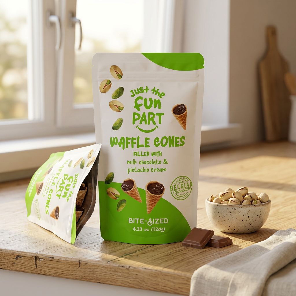 Just The Fun Part gaufrette chocolat au lait et crème pistache, snack américain croustillant, disponible sur My American Shop