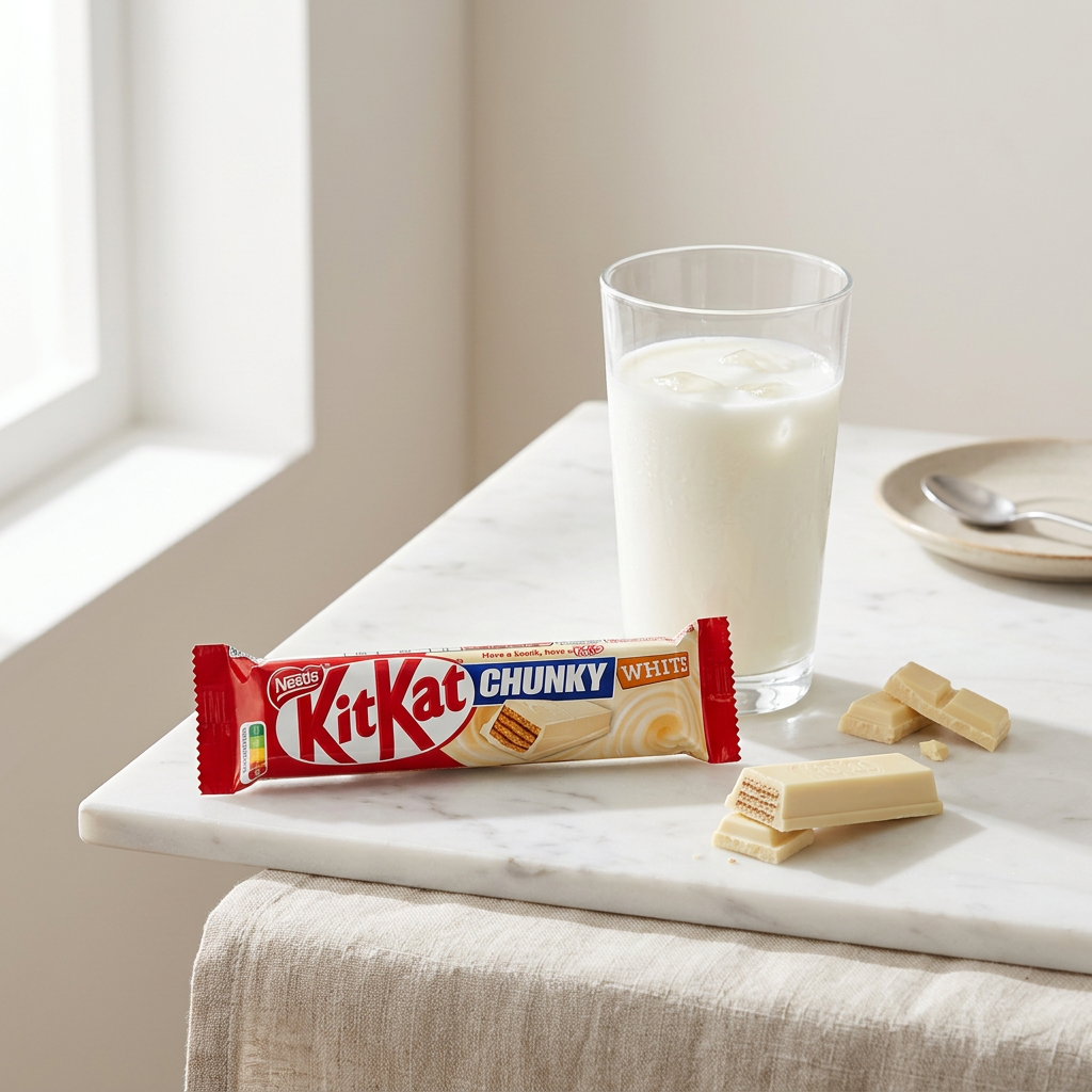 KitKat Chunky White, barre chocolatée grand format enrobée de chocolat blanc fondant avec coeur de gaufre croustillante, édition Nestlé disponible sur My American Shop, idéale pour une pause gourmande généreuse.