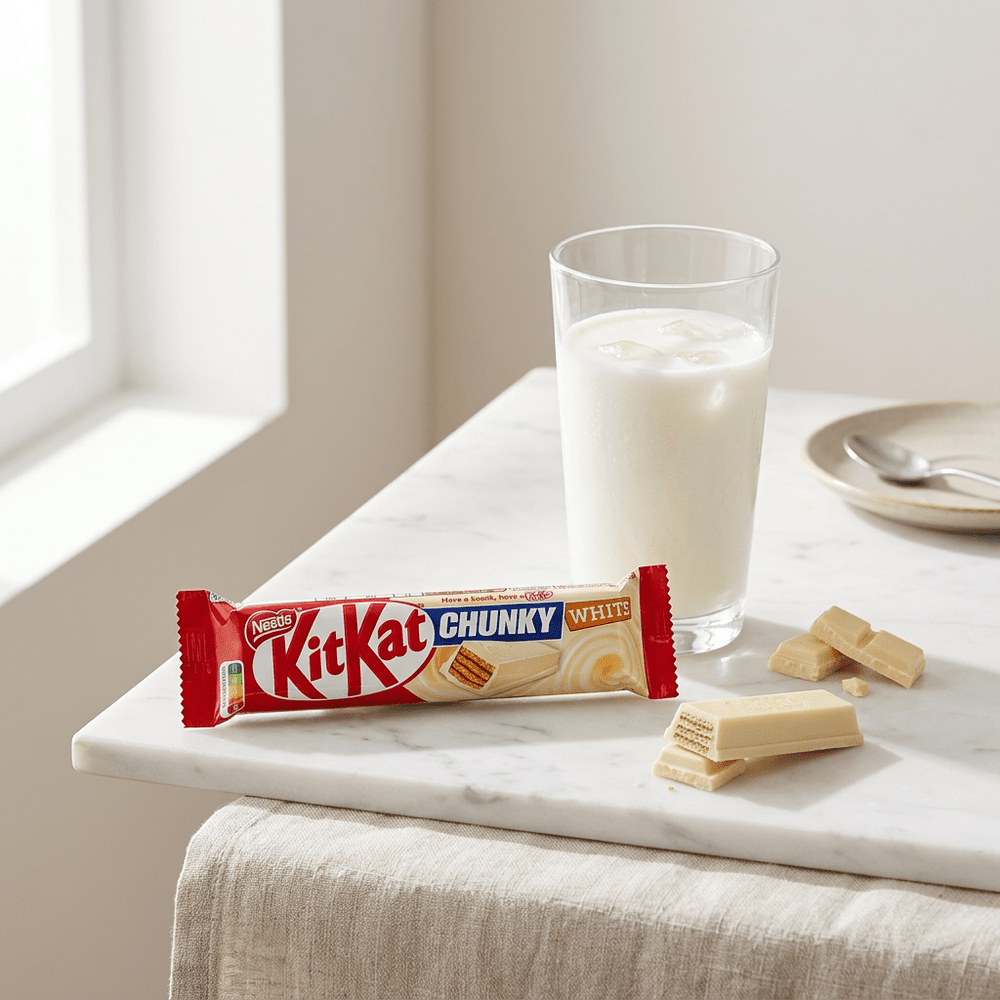 KitKat Chunky White, barre chocolatée grand format enrobée de chocolat blanc fondant avec coeur de gaufre croustillante, édition Nestlé disponible sur My American Shop, idéale pour une pause gourmande généreuse.
