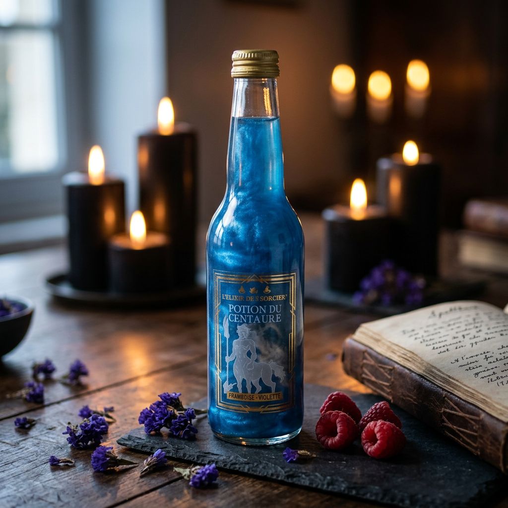 L'Elixir Des 3 Sorciers Potion Du Centaure, soda pétillant violette framboise, disponible sur My American Shop