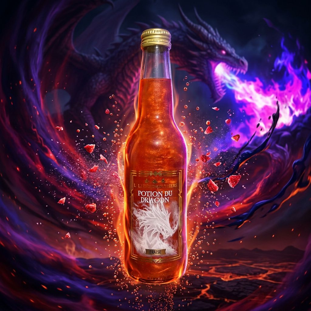 L'Elixir des 3 Sorciers Potion du Dragon, soda pétillant fraise naturelle aux couleurs profondes, disponible sur My American Shop