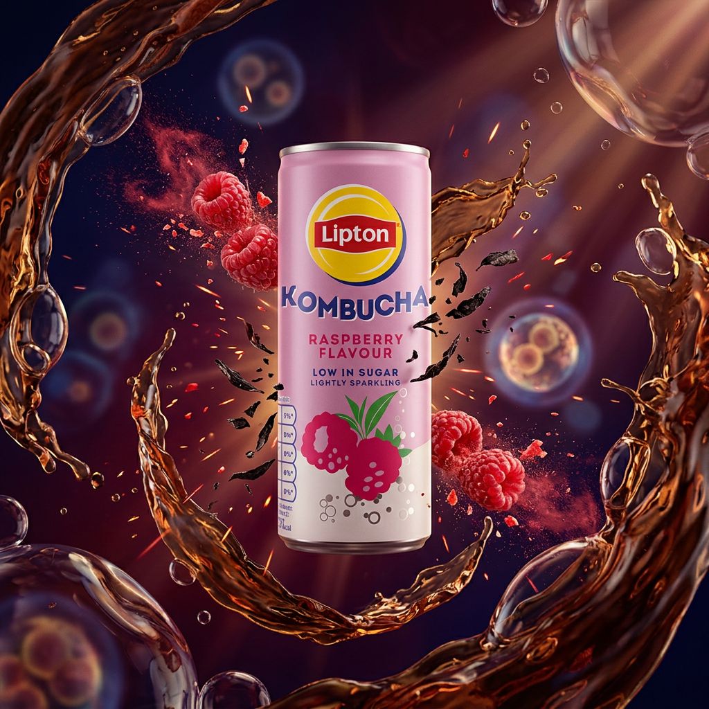Lipton Kombucha Raspberry, boisson fermentée pétillante américaine framboise en canette, disponible sur My American Shop