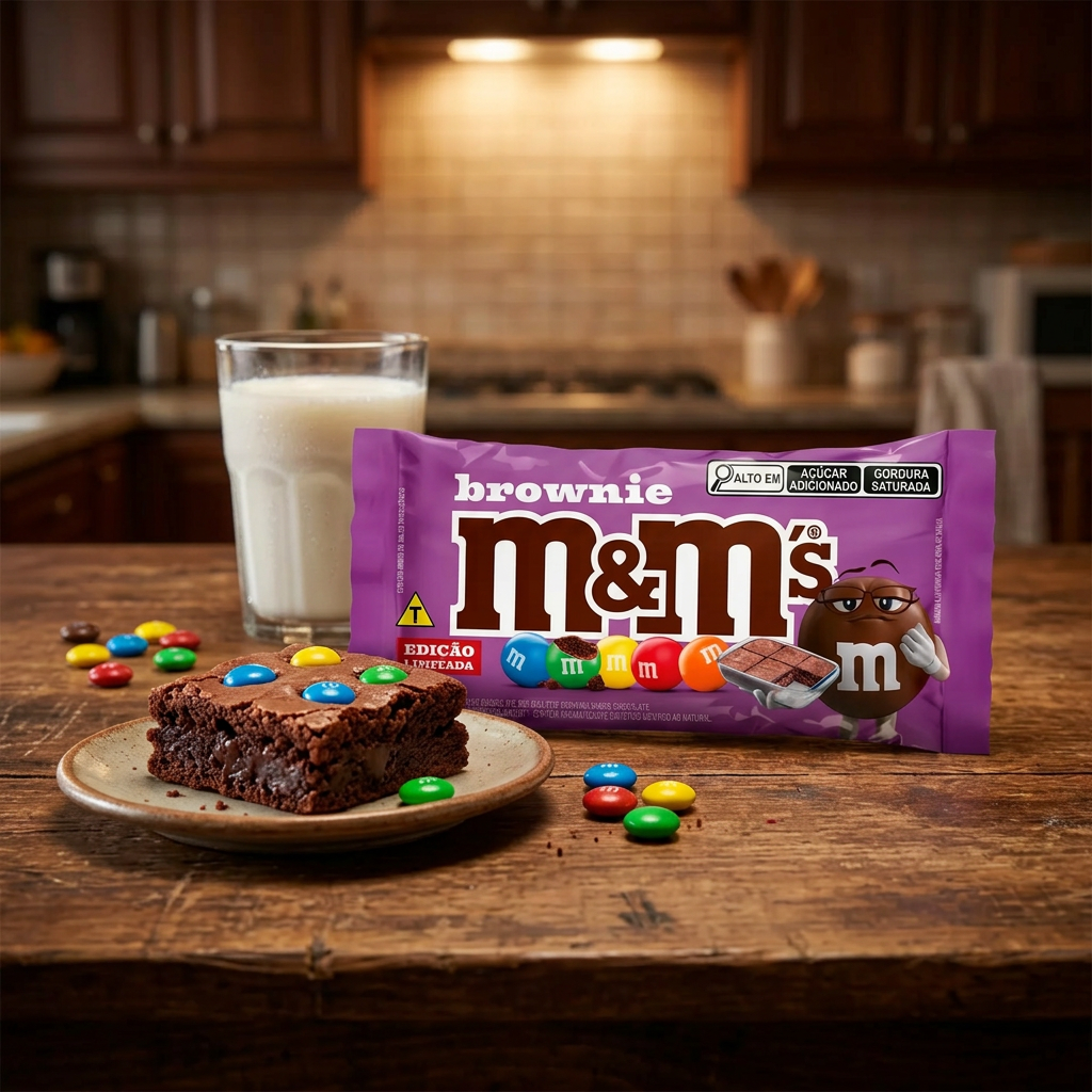 M&M's Brownie, dragées chocolat au lait importées des États-Unis avec coeur fondant saveur brownie cacaoté intense, coque sucrée colorée croquante, snack américain authentique disponible sur My American Shop.
