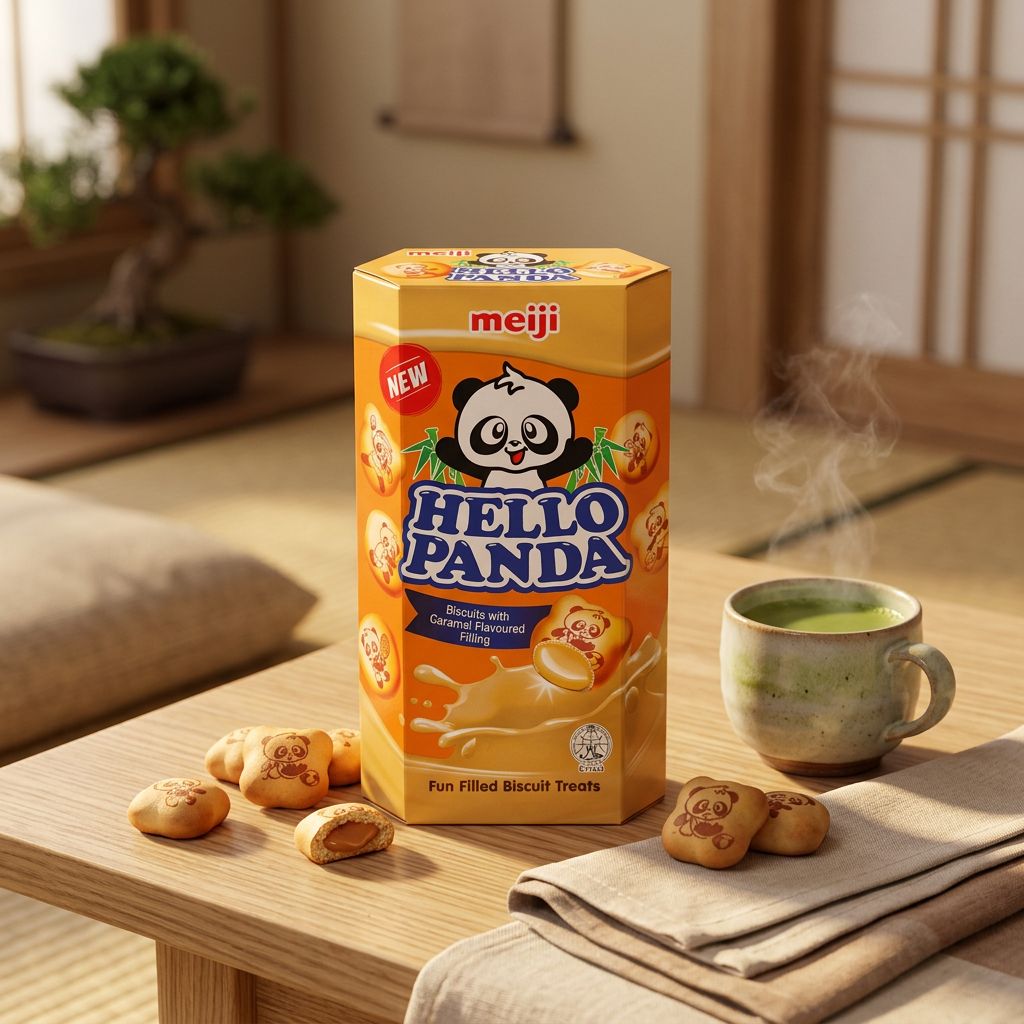 Meiji Hello Panda Caramel, biscuits fourrés crème caramel japonais, disponible sur My American Shop