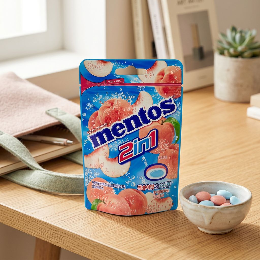 Mentos Duo Peach & Soda, rouleau de dragées double saveur pêche et soda importé, disponible sur My American Shop