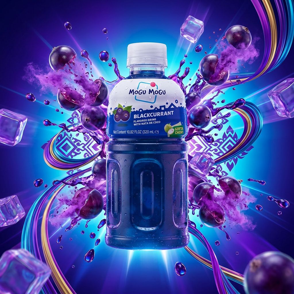 Mogu Mogu Blackcurrant, boisson thaïlandaise bleue avec nata de coco, 320ml, disponible sur My American Shop