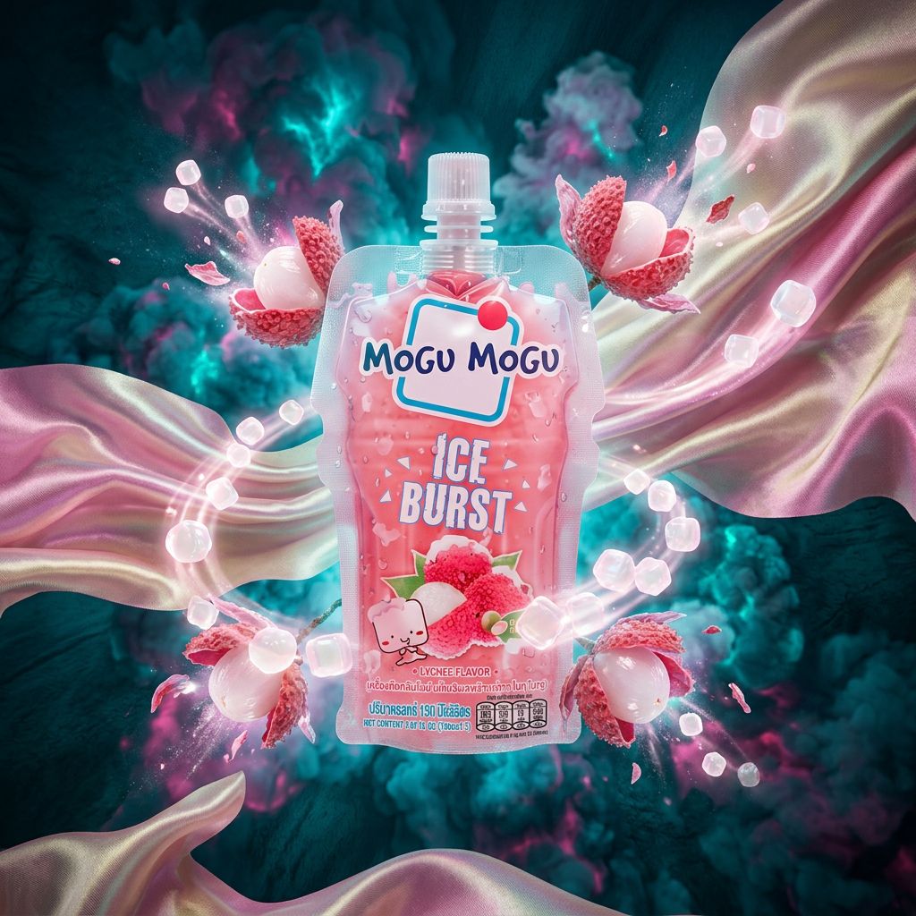 Mogu Mogu Ice Lychee, boisson thaïlandaise au litchi avec nata de coco, 320ml, disponible sur My American Shop