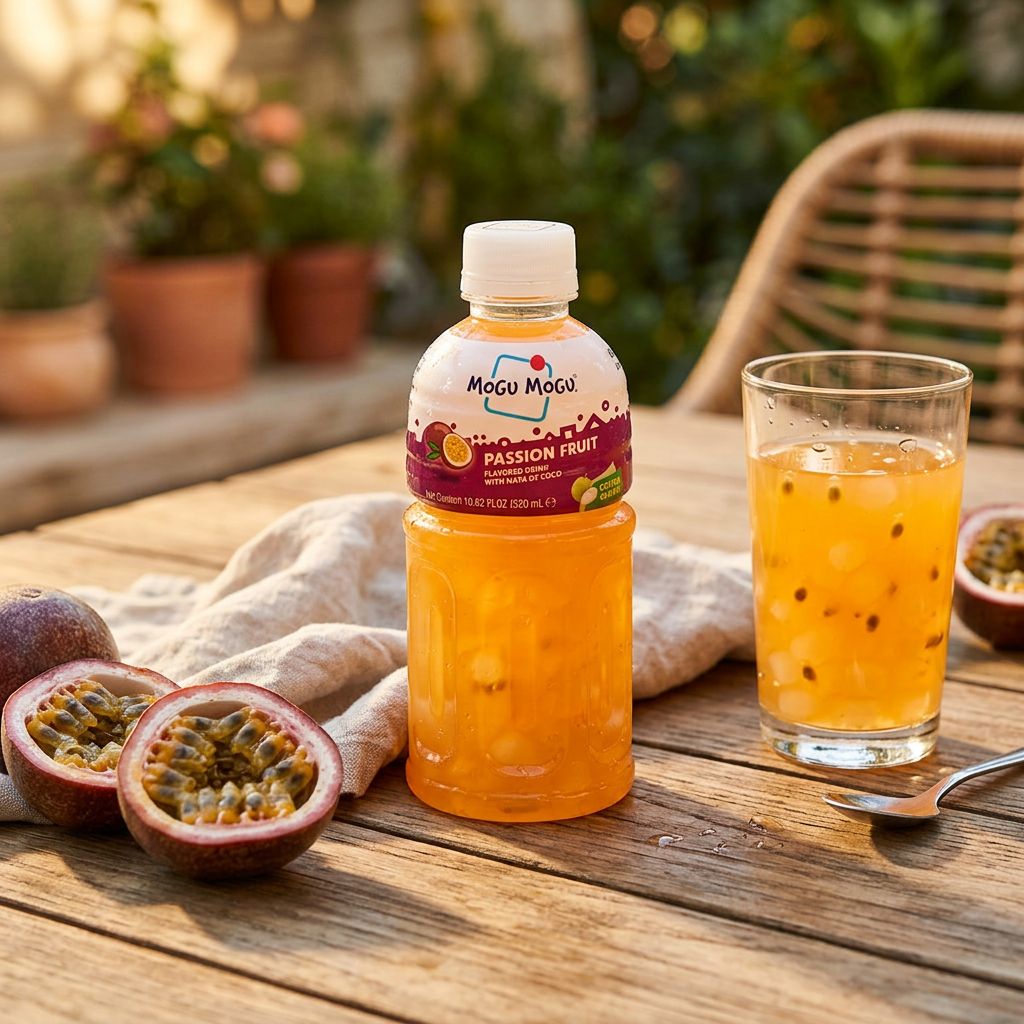 Mogu Mogu Passion Fruit, boisson thaïlandaise aux billes de nata de coco, 320ml, disponible sur My American Shop
