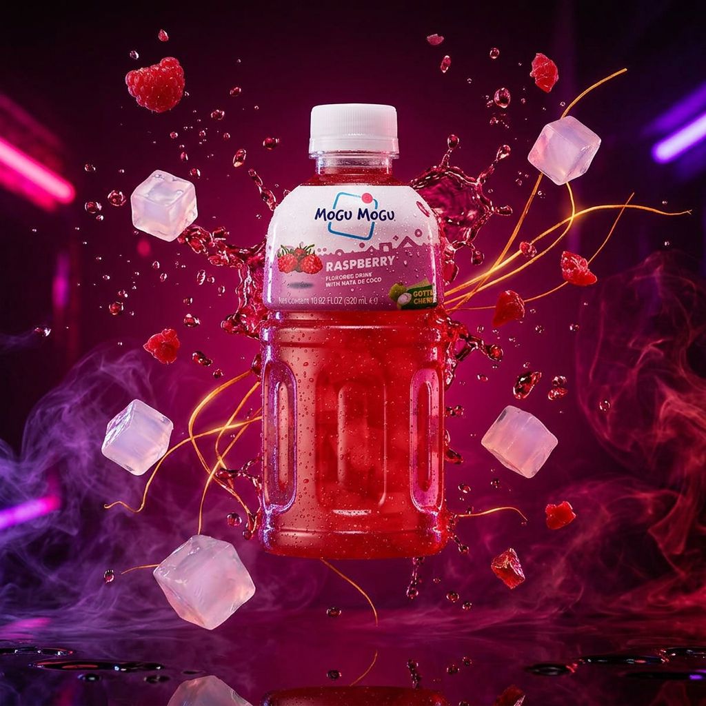 Mogu Mogu Raspberry, boisson thaïlandaise framboise avec nata de coco, 320ml, disponible sur My American Shop