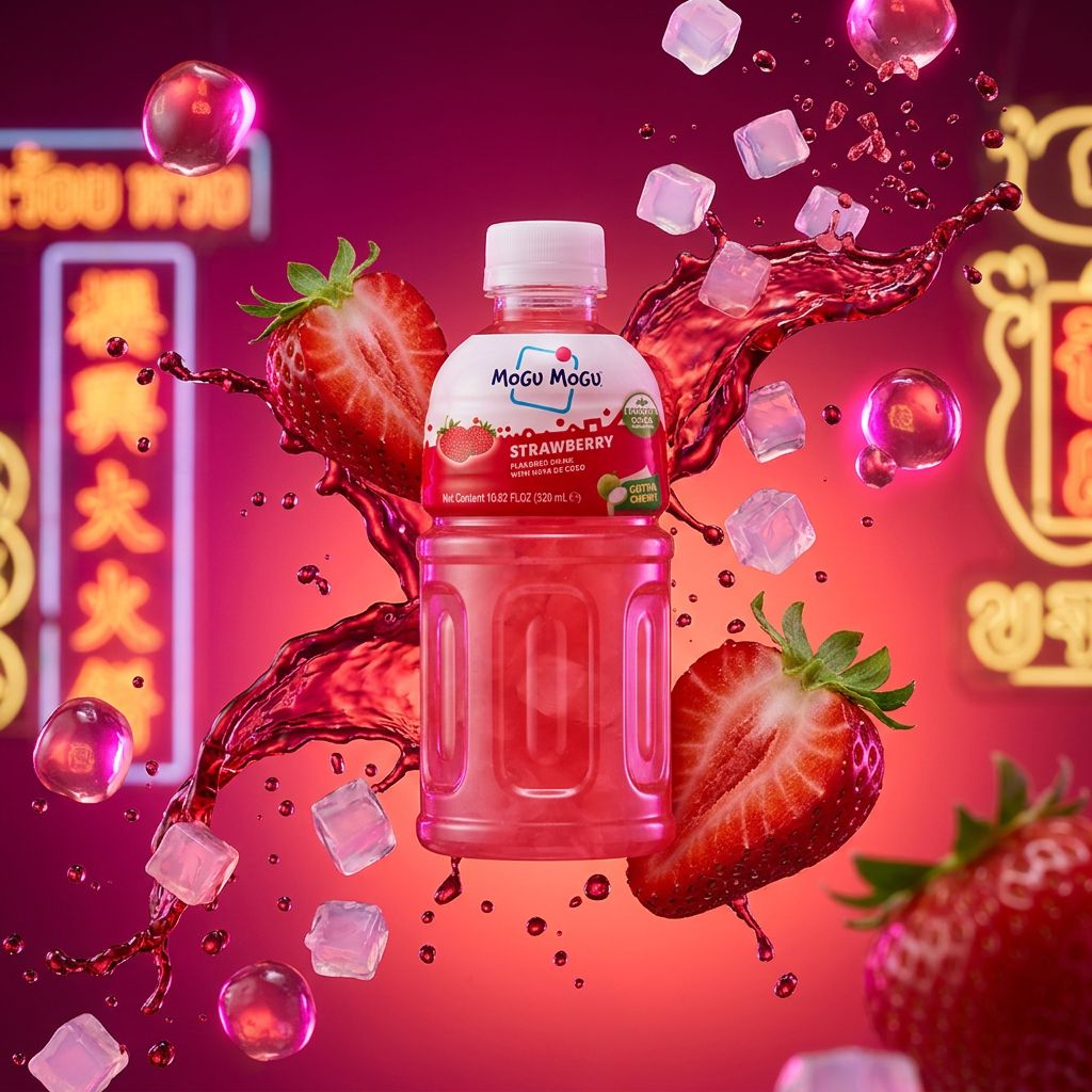 Mogu Mogu Strawberry, boisson thaïlandaise fraise et nata de coco 320ml, disponible sur My American Shop