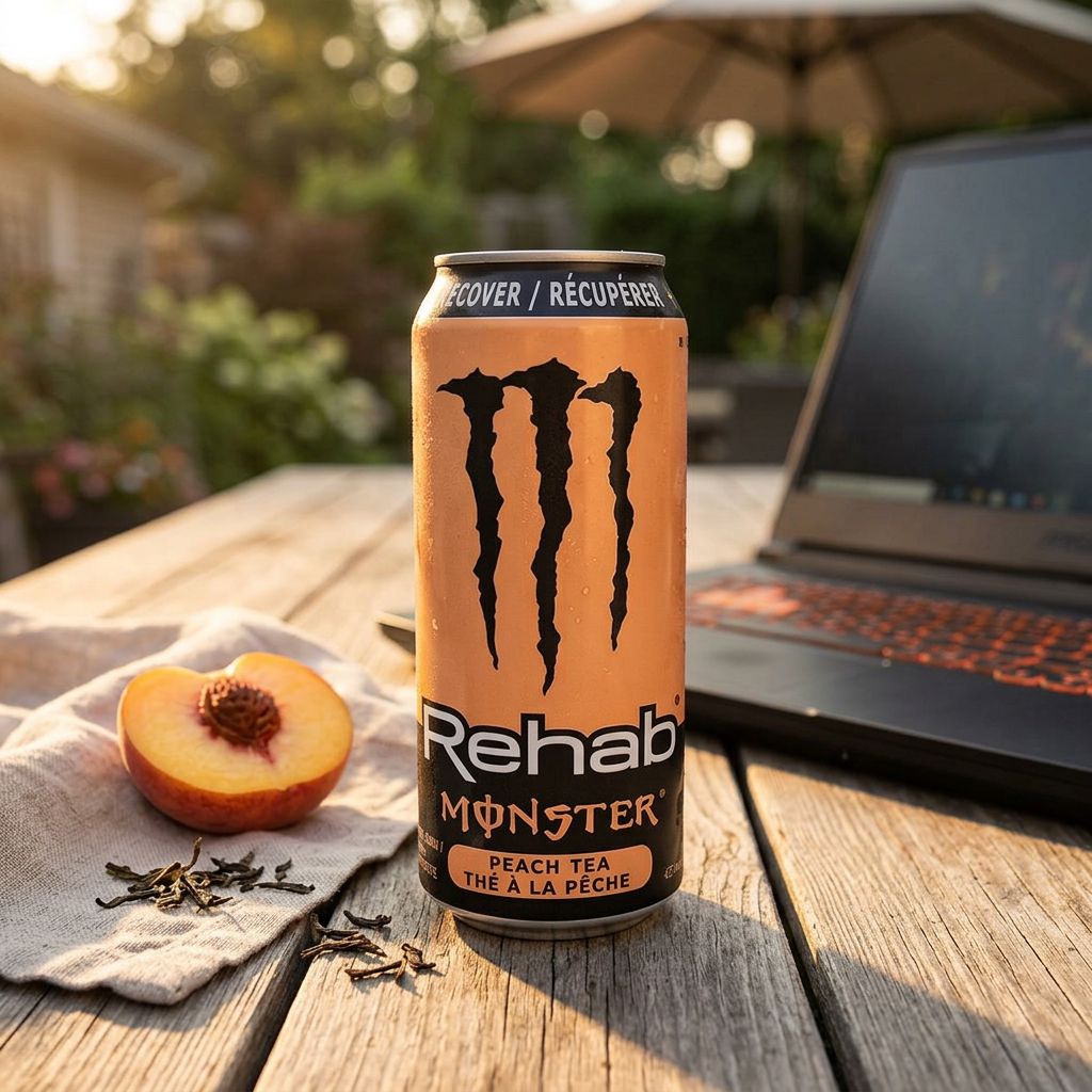 Monster Energy Rehab Tea Peach 500ml, boisson importée des USA, disponible sur My American Shop