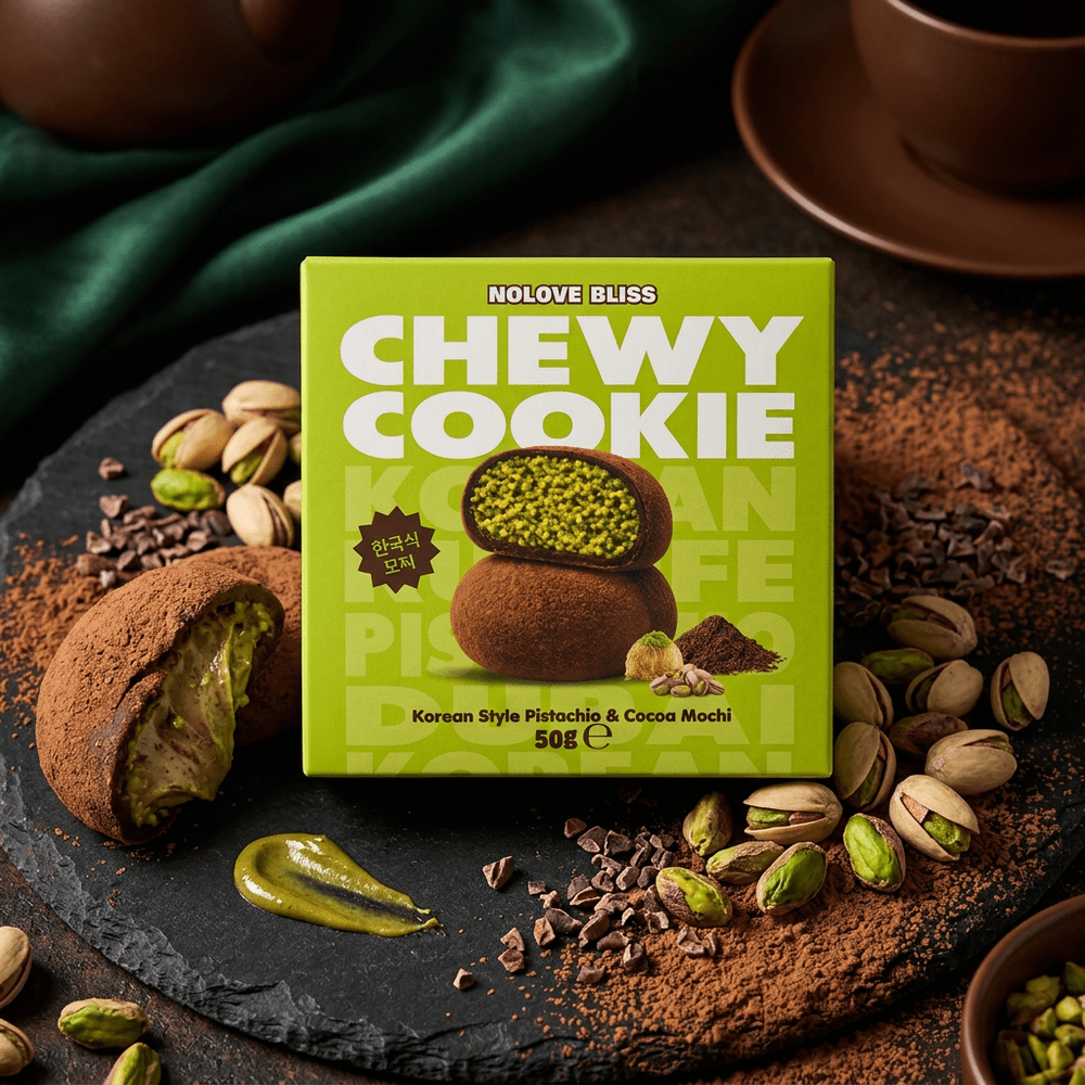 NoLove Bliss Chewy Cookie Pistachio Cocoa Mochi, snack mochi moelleux fourré à la crème pistache avec 15% de vraies pistaches et enrobage cacao biscuité, texture chewy et crémeux, disponible sur My American Shop.