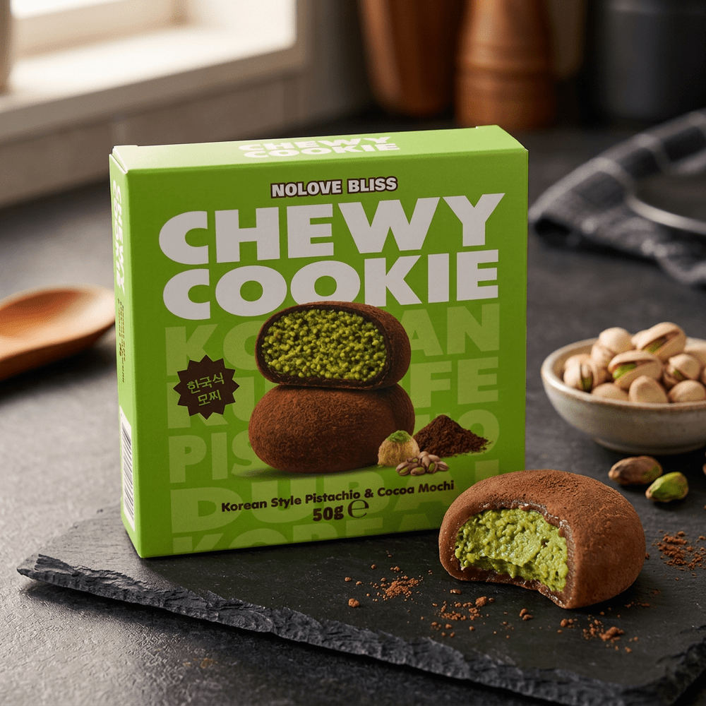 NoLove Bliss Chewy Cookie Pistachio Cocoa Mochi, snack mochi moelleux fourré à la crème pistache avec 15% de vraies pistaches et enrobage cacao biscuité, texture chewy et crémeux, disponible sur My American Shop.
