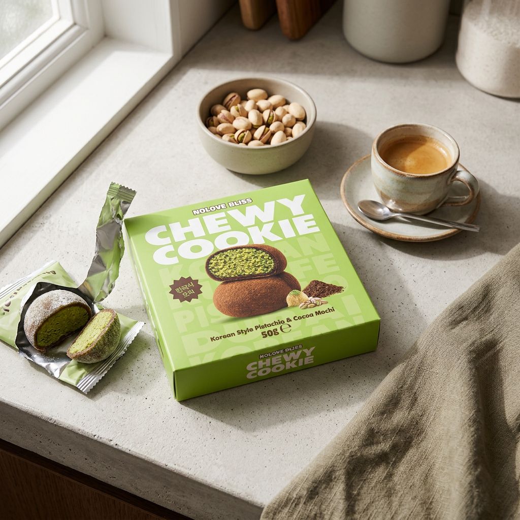 NoLove Bliss Chewy Cookie Mochi Pistache Cacao, snack mochi fourré 45% crème pistache, disponible sur My American Shop
