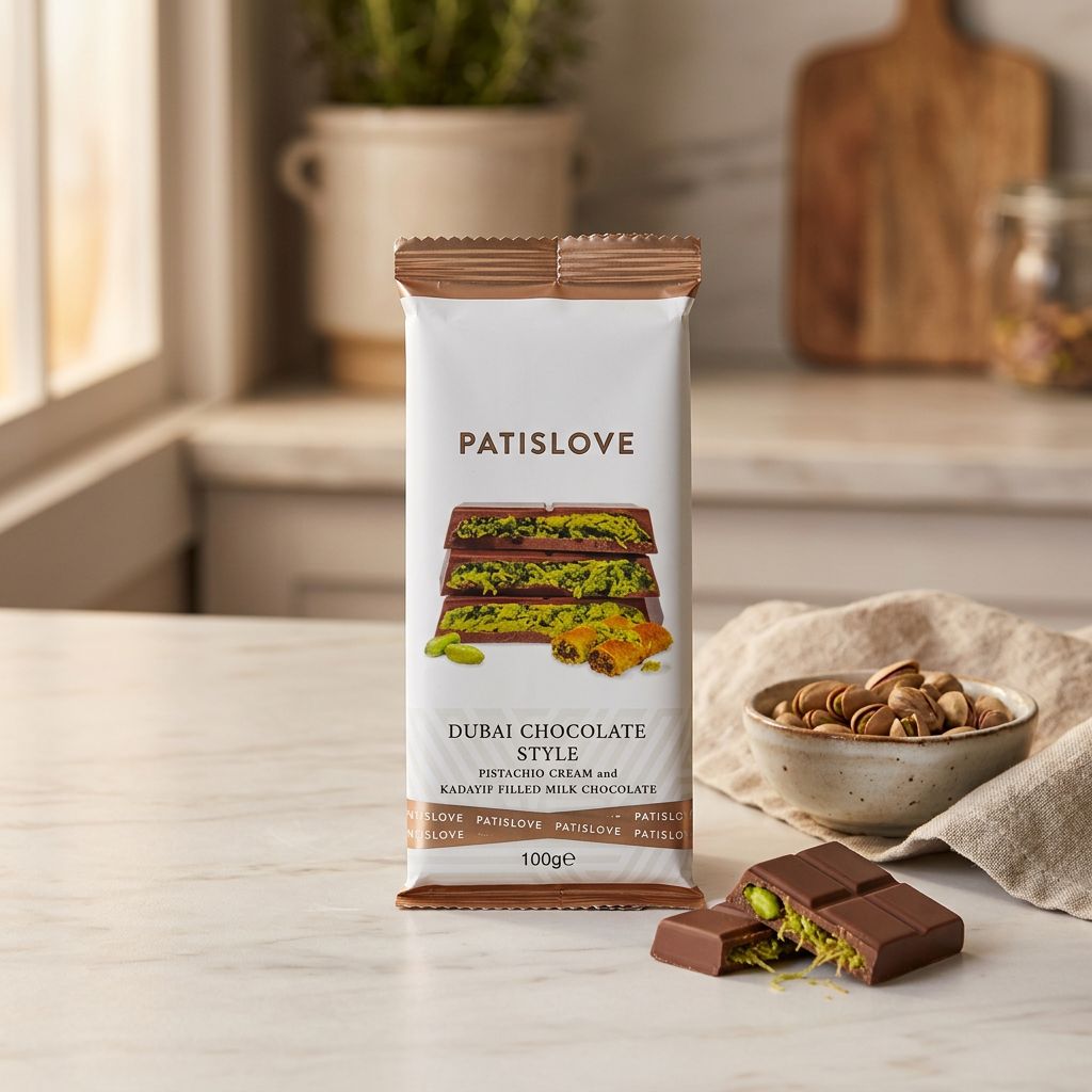 Patislove Dubai Chocolate lait pistache kadayif, tablette premium orientale, disponible sur My American Shop