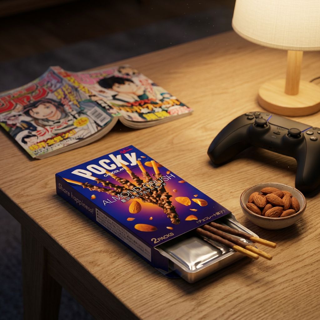 Pocky Almond Crush Big Glico, biscuits japonais chocolat lait et amandes grillées, format XXL, disponible sur My American Shop