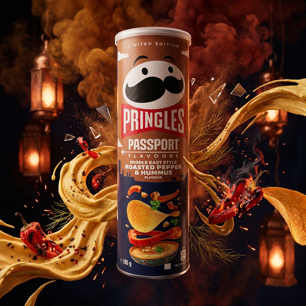 Pringles Middle East Style Roasted Pepper Hummus, chips saveur poivron grillé et houmous, boîte cylindrique, disponible sur My American Shop