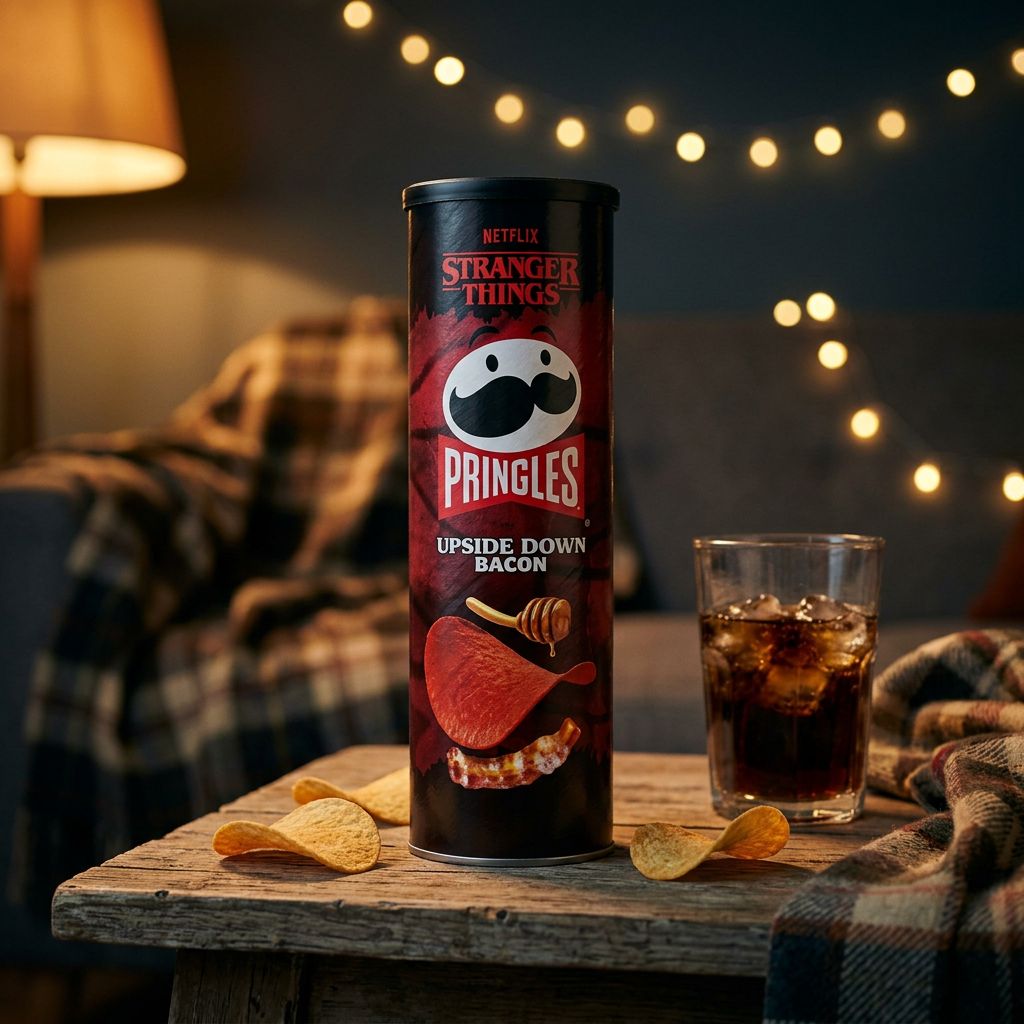 Pringles Stranger Things Upside Down Bacon, chips saveur bacon caramélisé, édition limitée Netflix, tube collector américain, disponible sur My American Shop