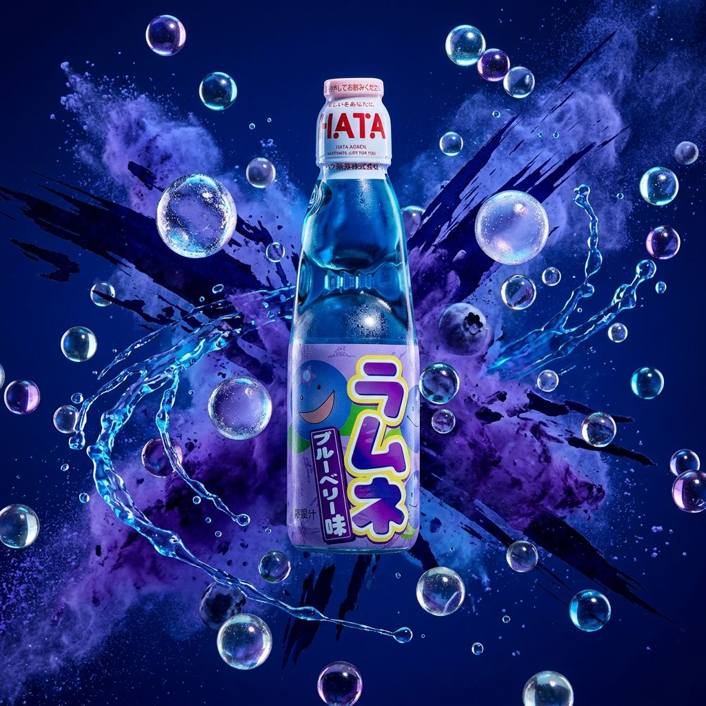 Ramune Hatakosen Blueberry, soda japonais en bouteille verre avec bille, saveur myrtille, disponible sur My American Shop
