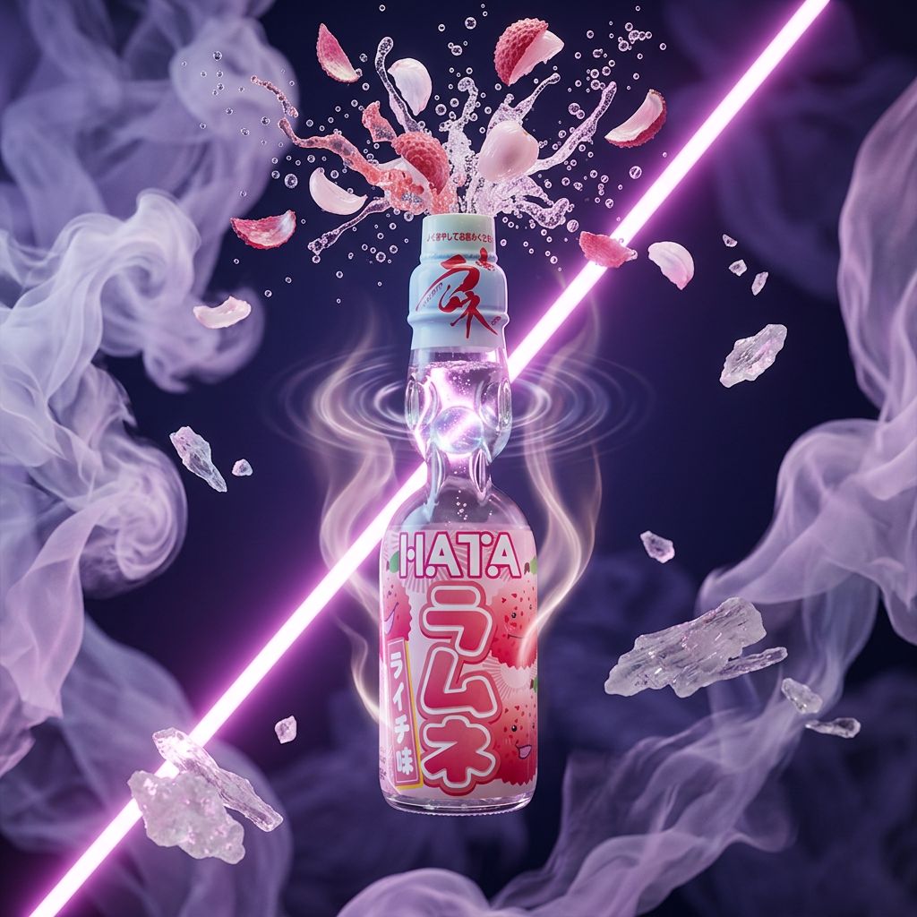 Ramune Hatakosen Soda saveur Lychee, bouteille en verre 200ml avec bille, importé du Japon, disponible sur My American Shop