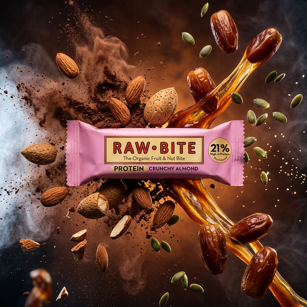 Rawbite Organic Protein Crunchy Almond, barre protéinée bio scandinave aux amandes, disponible sur My American Shop