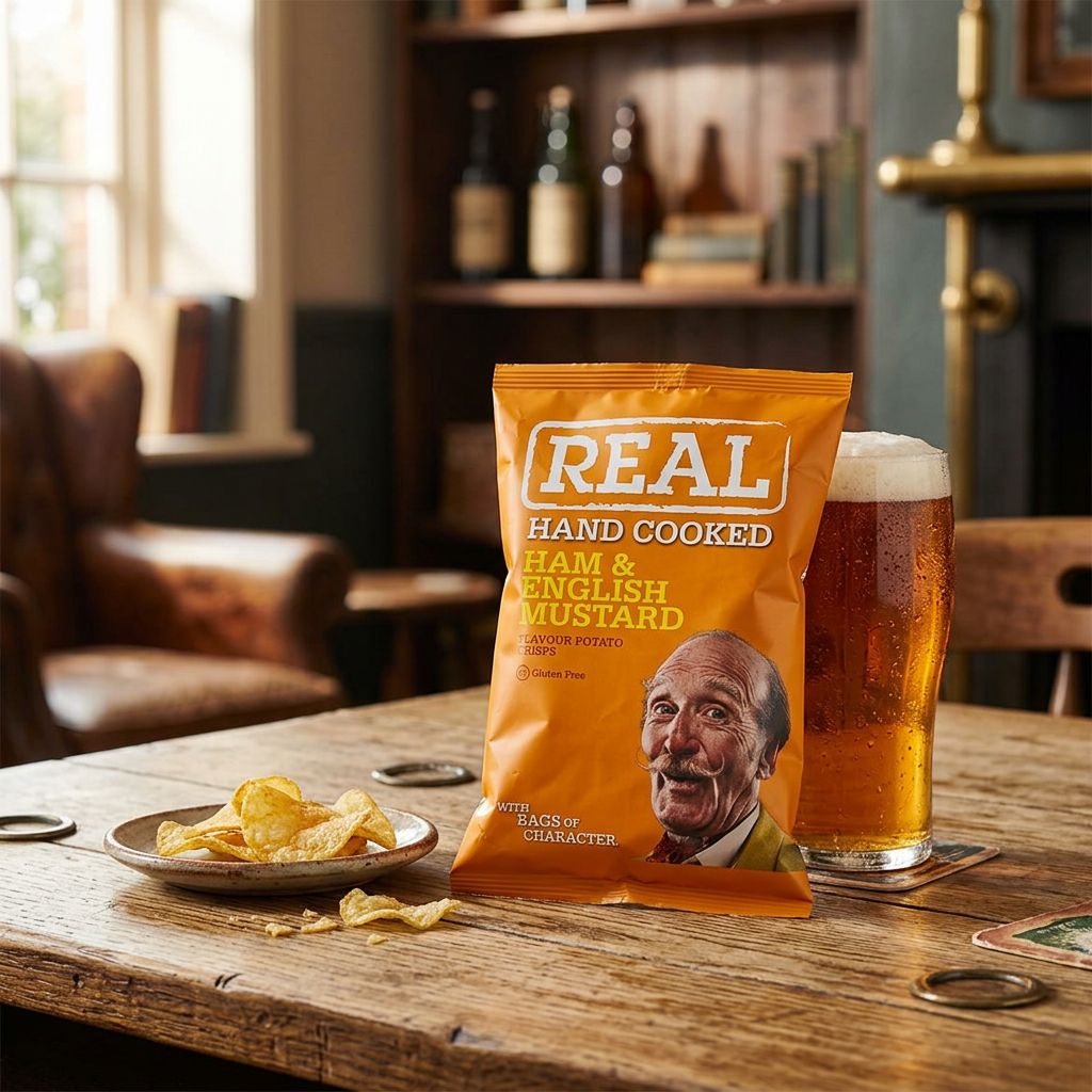 Chips Real Crisp jambon moutarde anglaise, snack premium britannique en sachet, disponible sur My American Shop