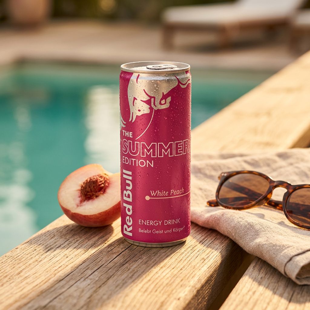 Red Bull Summer Edition White Peach 250ml, boisson énergisante saveur pêche blanche, disponible sur My American Shop