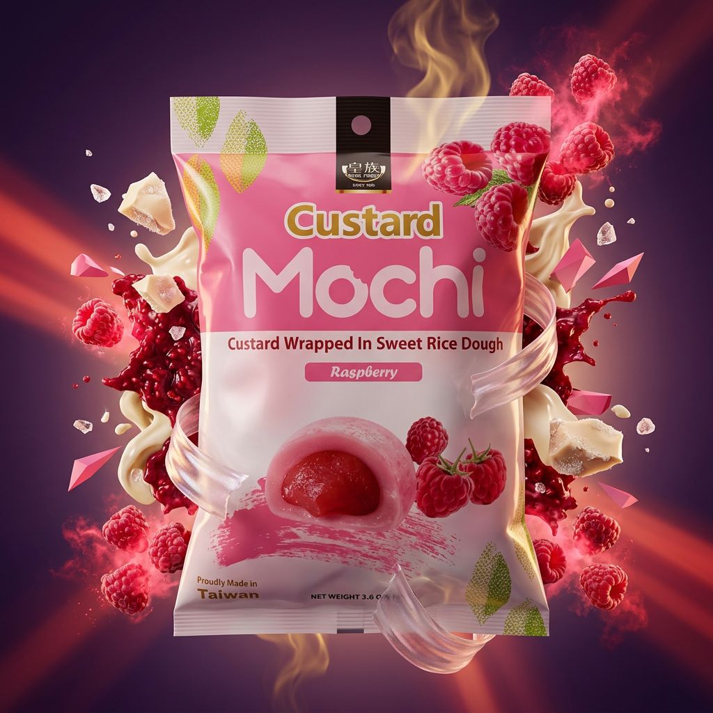 Royal Family Custard Mochi Framboise, snack taiwanais premium fourré crème framboise, disponible sur My American Shop