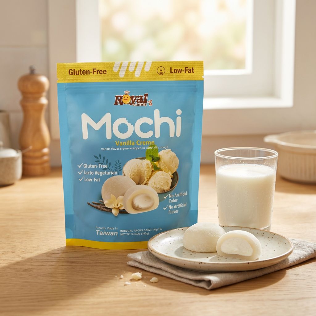 Royal Family Mochi Cream Vanilla, mochi taiwanais fourre a la creme vanille, disponible sur My American Shop