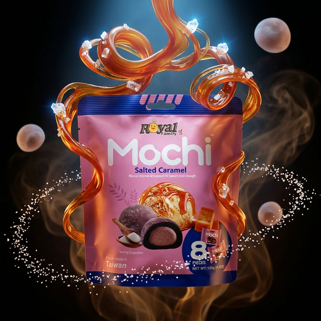 Royal Family Mochi Small Caramel Salé, mini mochis taïwanais fourrés, format bouchée, disponible sur My American Shop