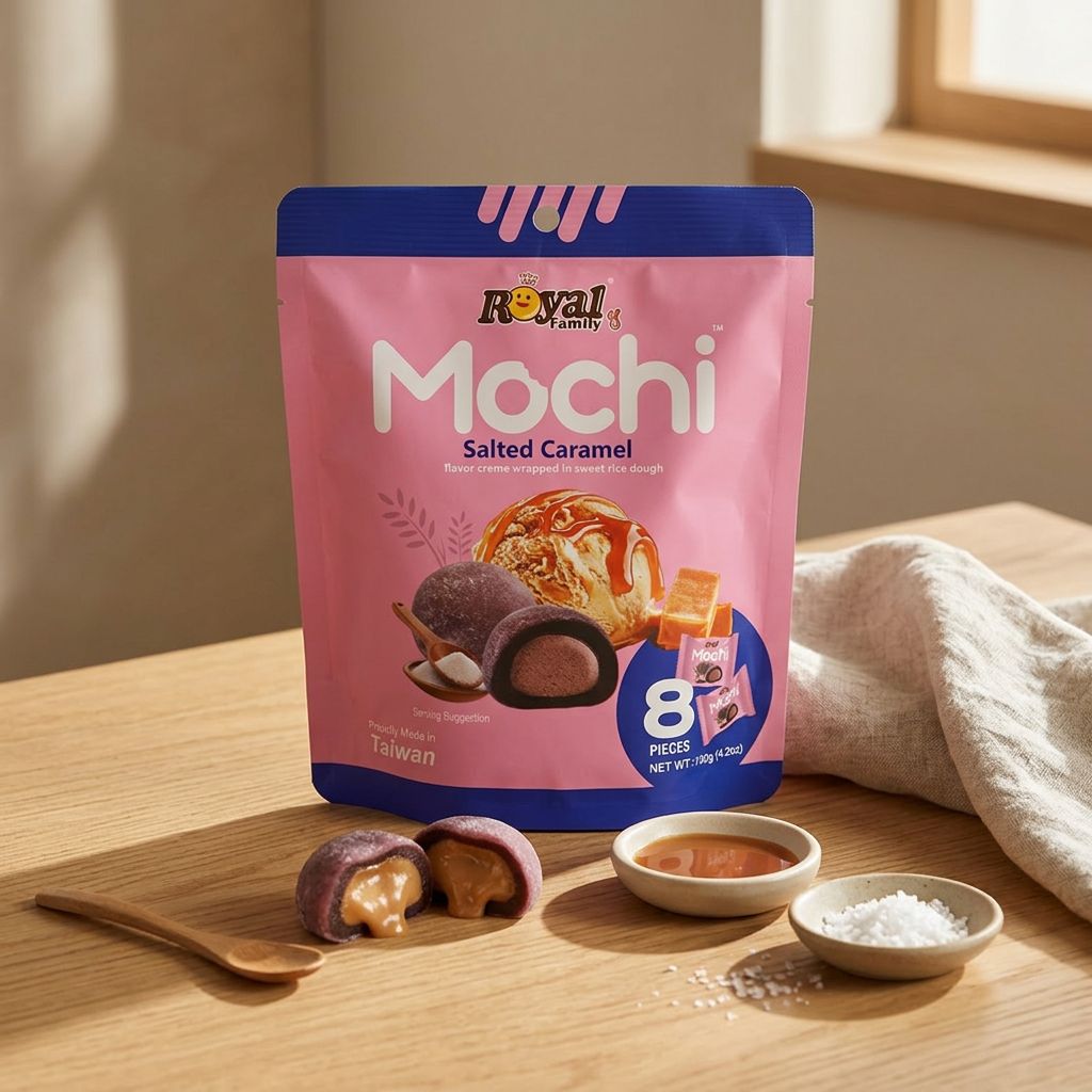 Royal Family Mochi Small Caramel Salé, mini mochis taïwanais fourrés, format bouchée, disponible sur My American Shop