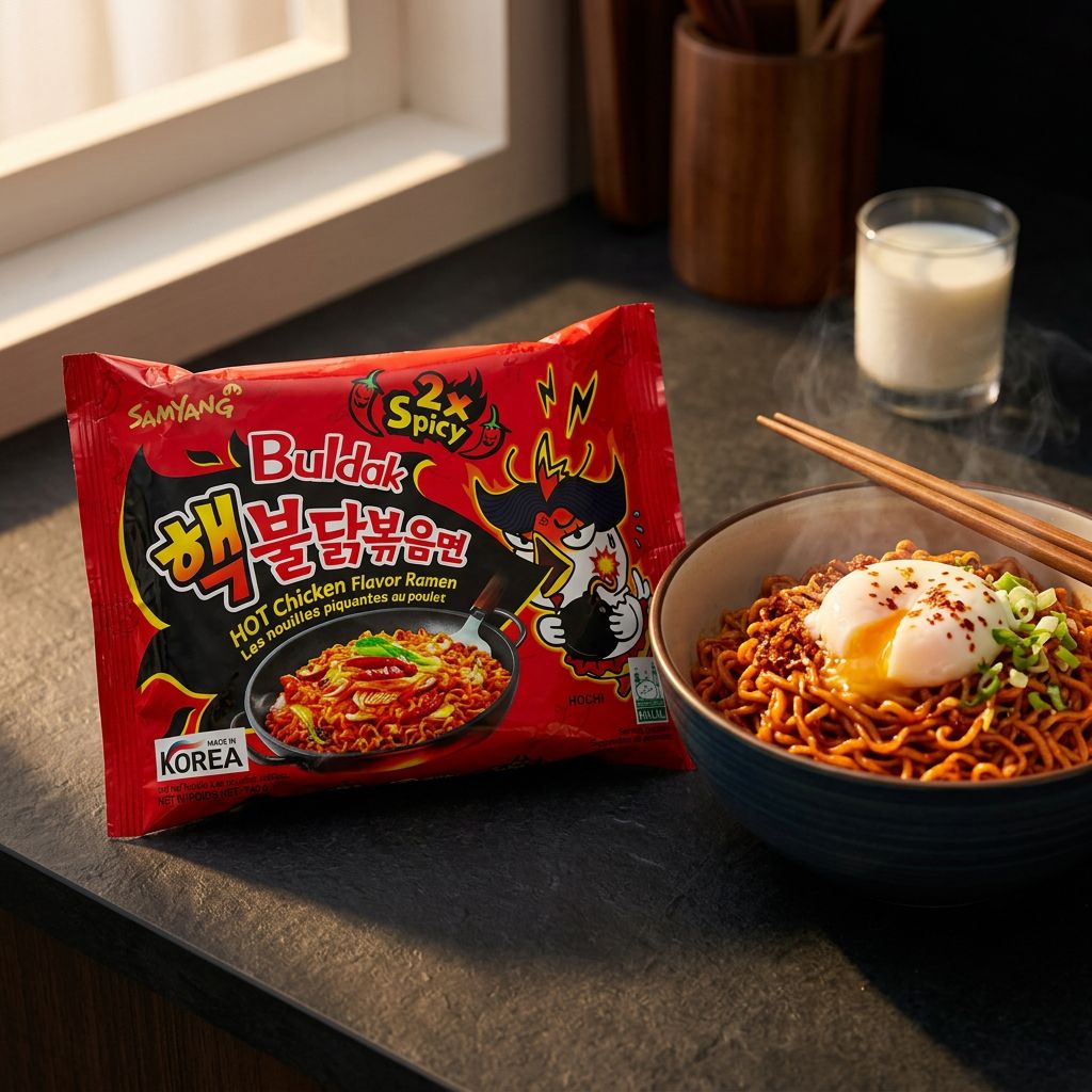 Samyang Buldak Hot Chicken Ramen 2x Spicy, ramen instantané coréen ultra-pimenté en sachet, disponible sur My American Shop