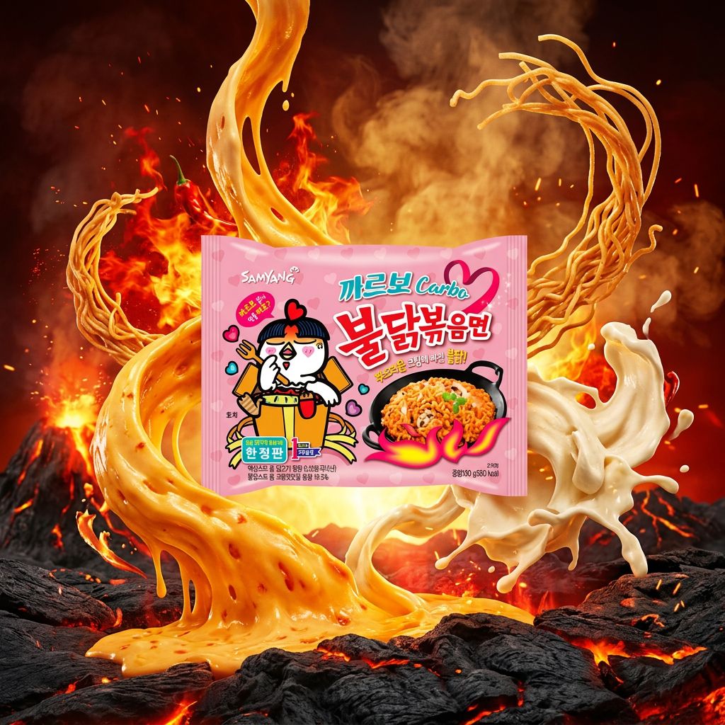 Samyang Buldak Hot Chicken Carbo, ramen coréen pimenté saveur carbonara fromagère, disponible sur My American Shop